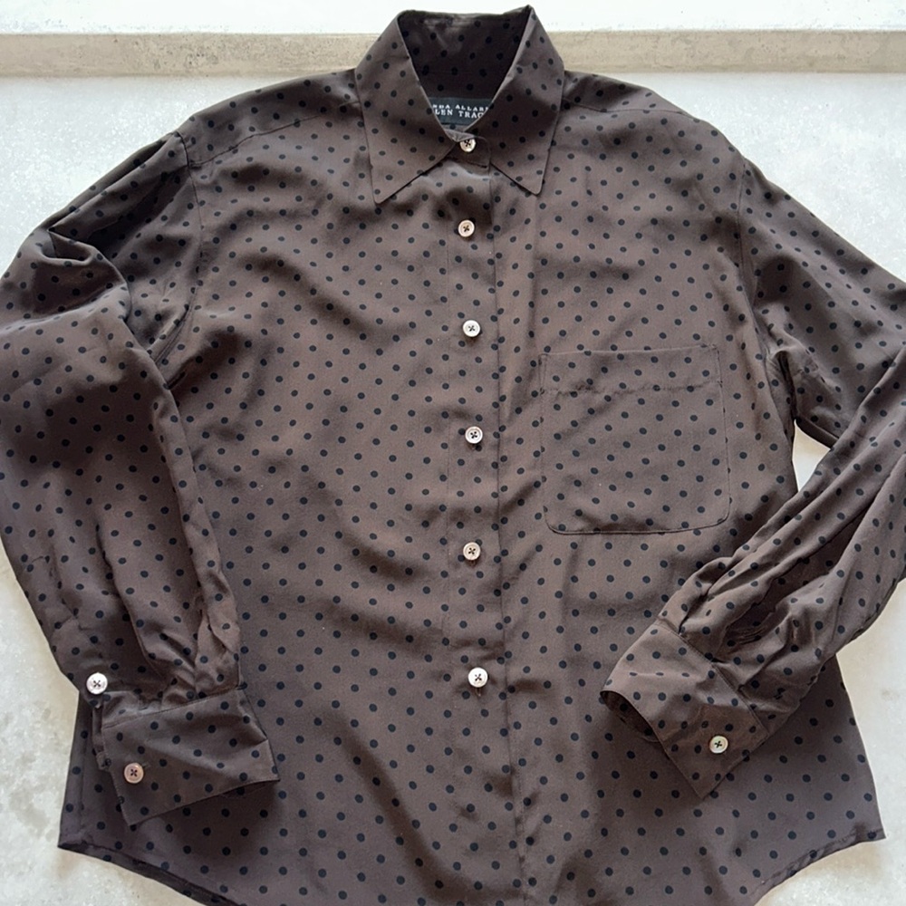 Linda Allard, Ellen Tracy, 100% silk vintage black and brown polkadot blouse